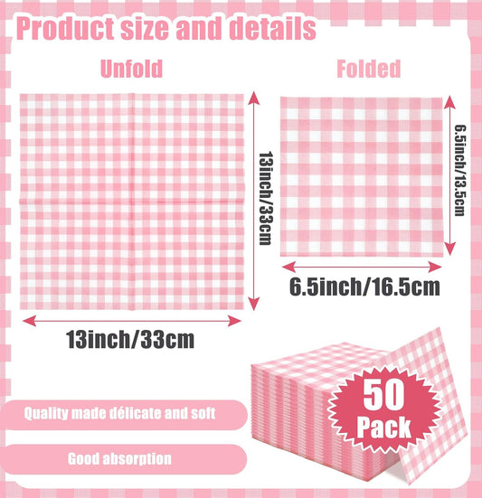 50 Pieces 3-ply Light Pink Gingham Napkins Guest Hand Towels Cocktail Napkins Paper Napkins for Dinner Wedding Birthday Party Beverage Napkins Disposable
