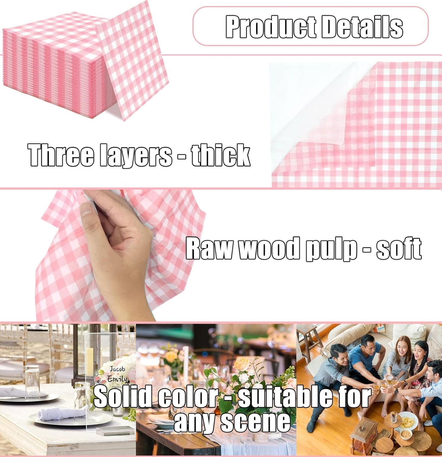 50 Pieces 3-ply Light Pink Gingham Napkins Guest Hand Towels Cocktail Napkins Paper Napkins for Dinner Wedding Birthday Party Beverage Napkins Disposable