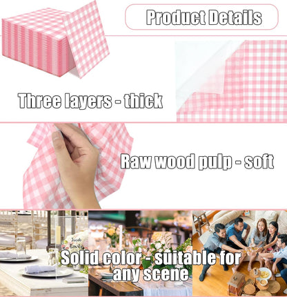50 Pieces 3-ply Light Pink Gingham Napkins Guest Hand Towels Cocktail Napkins Paper Napkins for Dinner Wedding Birthday Party Beverage Napkins Disposable