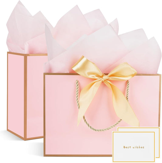 Gift Bags for Present, 2 Pcs Medium Gift Bags for Women with Tissue Paper and Cards, Gift Bag for Birthdays, Baby Shower, Wedding, Party, Holiday Presents 11"X7.9"X3.9" (Pink and Gold)