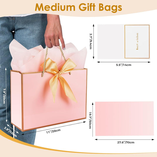 Gift Bags for Present, 2 Pcs Medium Gift Bags for Women with Tissue Paper and Cards, Gift Bag for Birthdays, Baby Shower, Wedding, Party, Holiday Presents 11"X7.9"X3.9" (Pink and Gold)