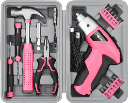 Hi-Spec 3.6V Cordless Electric Screwdriver and Tool Kit for DIY, Pink