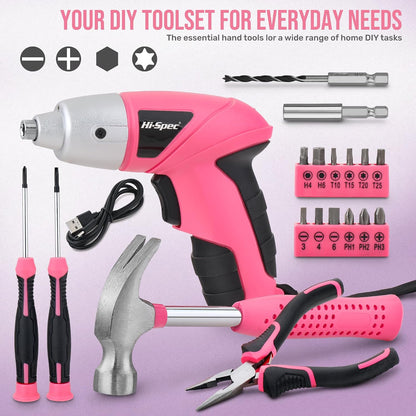 Hi-Spec 3.6V Cordless Electric Screwdriver and Tool Kit for DIY, Pink