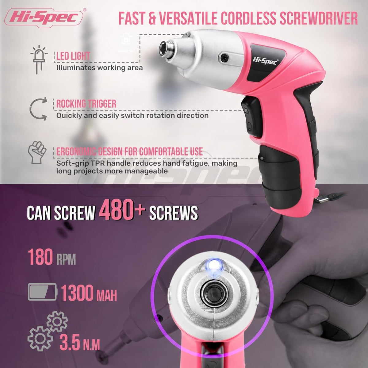 Hi-Spec 3.6V Cordless Electric Screwdriver and Tool Kit for DIY, Pink