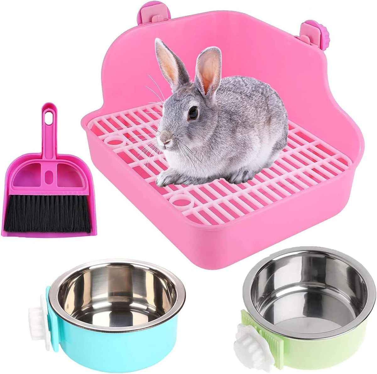 Rabbit Litter Box for Cage Bunny Corner Bedding Box Small Animal Litter Pan Hanging Pet Bowls Cage Potty Trainer Pet Toilet for Rabbit Bunny Guinea Pigs (Pink)
