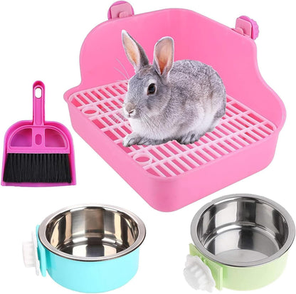 Rabbit Litter Box for Cage Bunny Corner Bedding Box Small Animal Litter Pan Hanging Pet Bowls Cage Potty Trainer Pet Toilet for Rabbit Bunny Guinea Pigs (Pink)