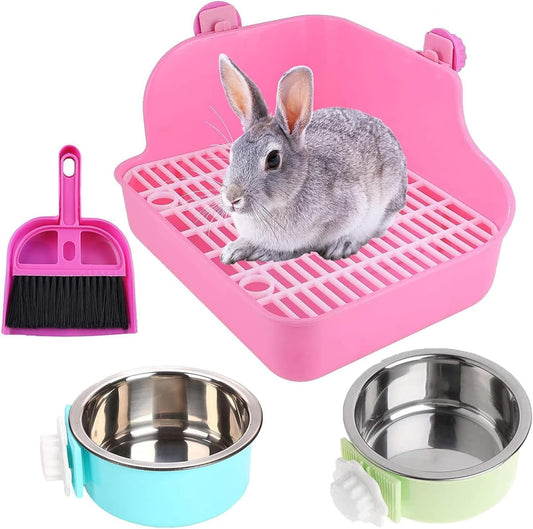 Rabbit Litter Box for Cage Bunny Corner Bedding Box Small Animal Litter Pan Hanging Pet Bowls Cage Potty Trainer Pet Toilet for Rabbit Bunny Guinea Pigs (Pink)