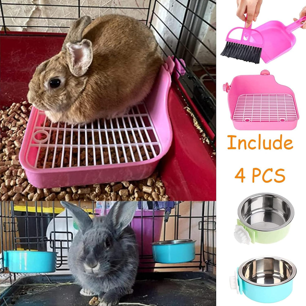 Rabbit Litter Box for Cage Bunny Corner Bedding Box Small Animal Litter Pan Hanging Pet Bowls Cage Potty Trainer Pet Toilet for Rabbit Bunny Guinea Pigs (Pink)