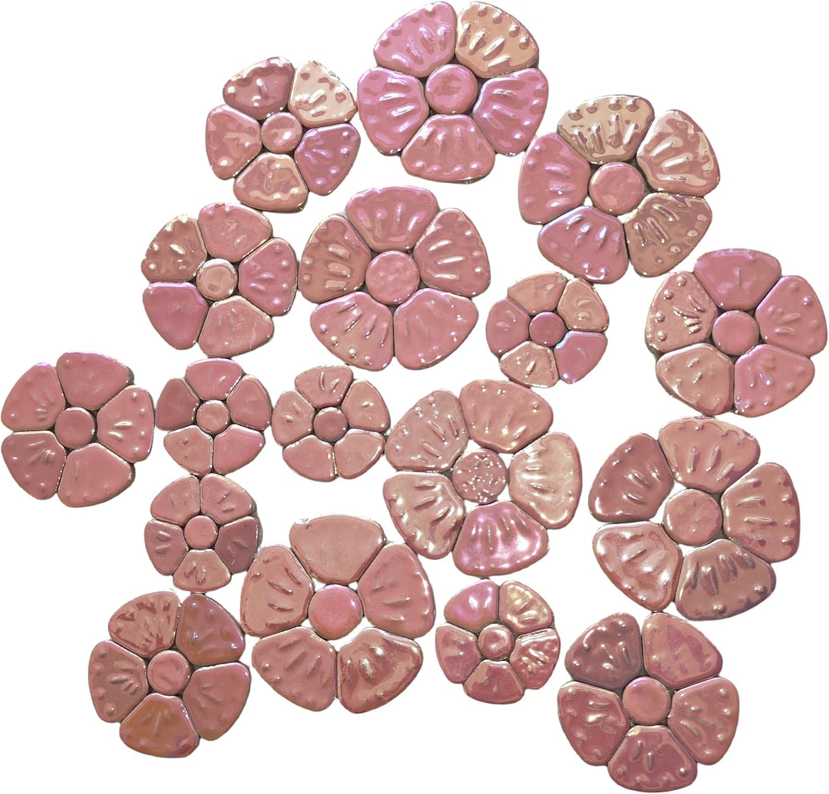 1.1 LB Random Iridescent Flower Ceramic Mosaic Tiles for DIY Crafts,3 Size Flowers Mosaic Pieces for Artwork,Photo Frames,Cups,Flower Pots,Fish Tank,Vases,Make Stepping Stones (Pink)