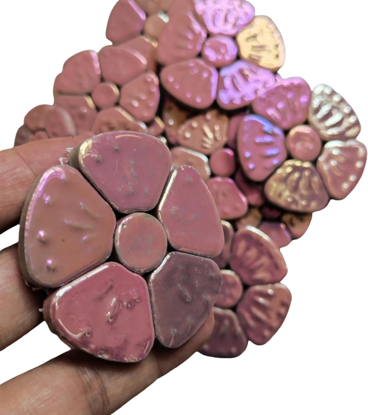 1.1 LB Random Iridescent Flower Ceramic Mosaic Tiles for DIY Crafts,3 Size Flowers Mosaic Pieces for Artwork,Photo Frames,Cups,Flower Pots,Fish Tank,Vases,Make Stepping Stones (Pink)