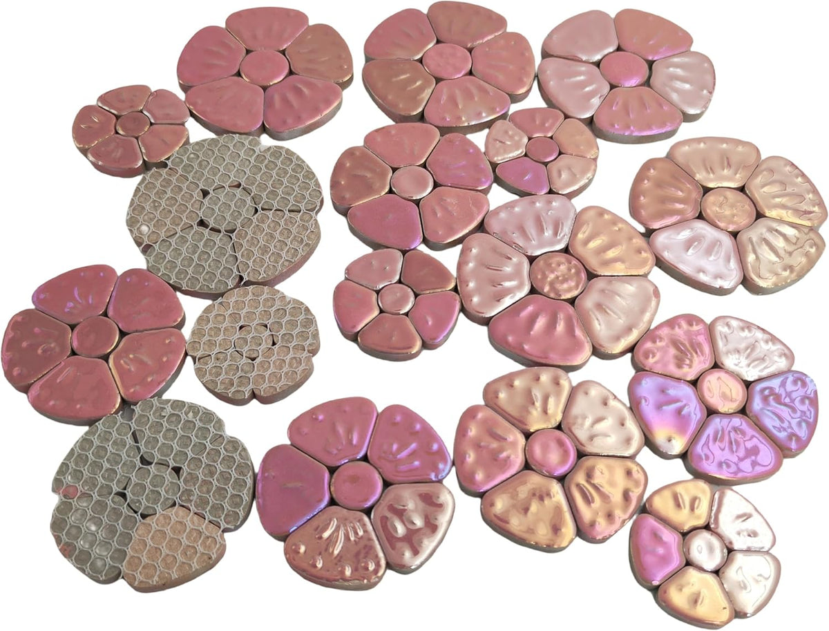 1.1 LB Random Iridescent Flower Ceramic Mosaic Tiles for DIY Crafts,3 Size Flowers Mosaic Pieces for Artwork,Photo Frames,Cups,Flower Pots,Fish Tank,Vases,Make Stepping Stones (Pink)