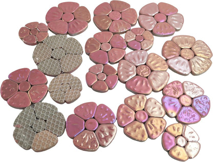 1.1 LB Random Iridescent Flower Ceramic Mosaic Tiles for DIY Crafts,3 Size Flowers Mosaic Pieces for Artwork,Photo Frames,Cups,Flower Pots,Fish Tank,Vases,Make Stepping Stones (Pink)