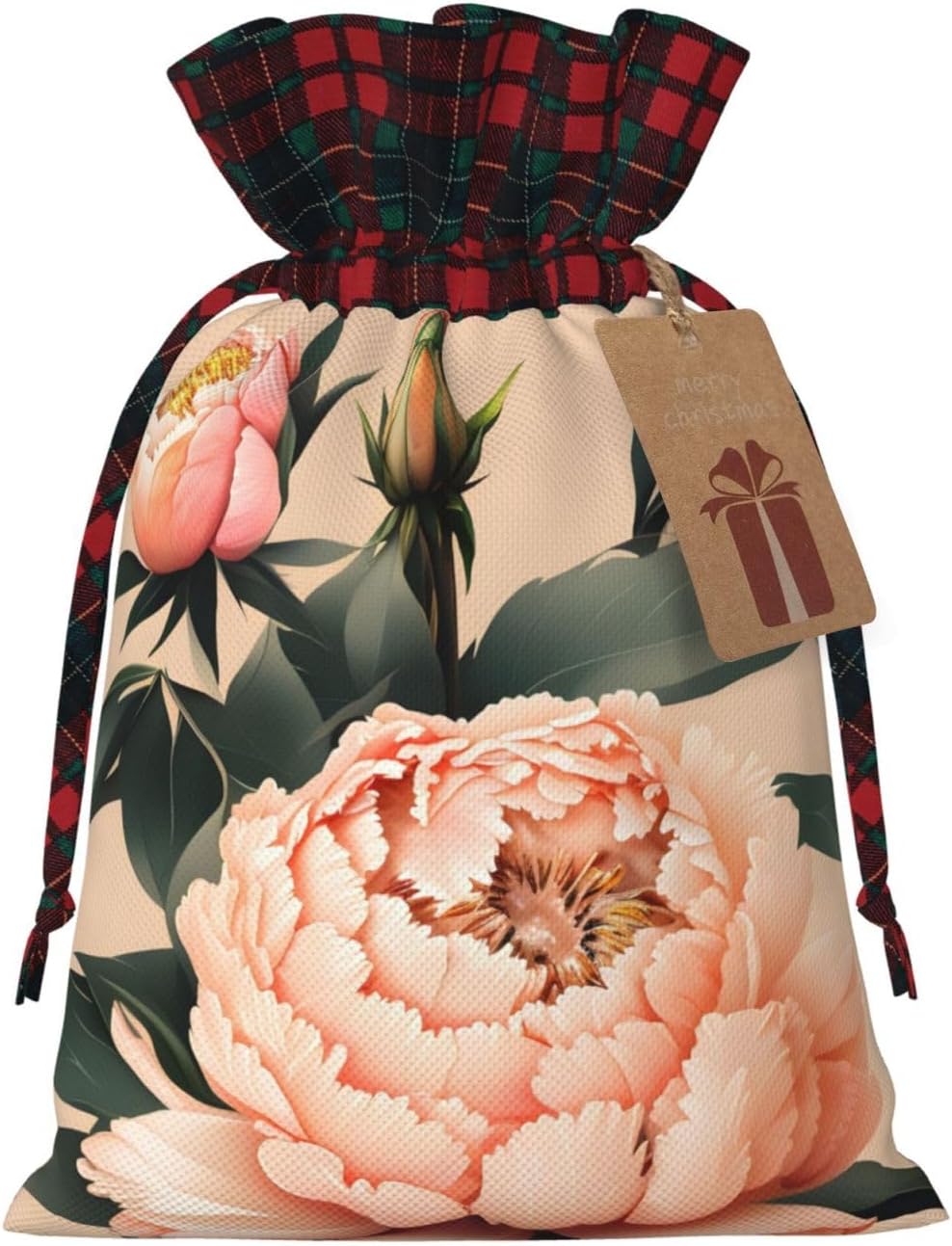 Peach Peony Print Reusable Adorable Drawstring Christmas Gift Bags Quality Fabric Gift Bags For All Occasions