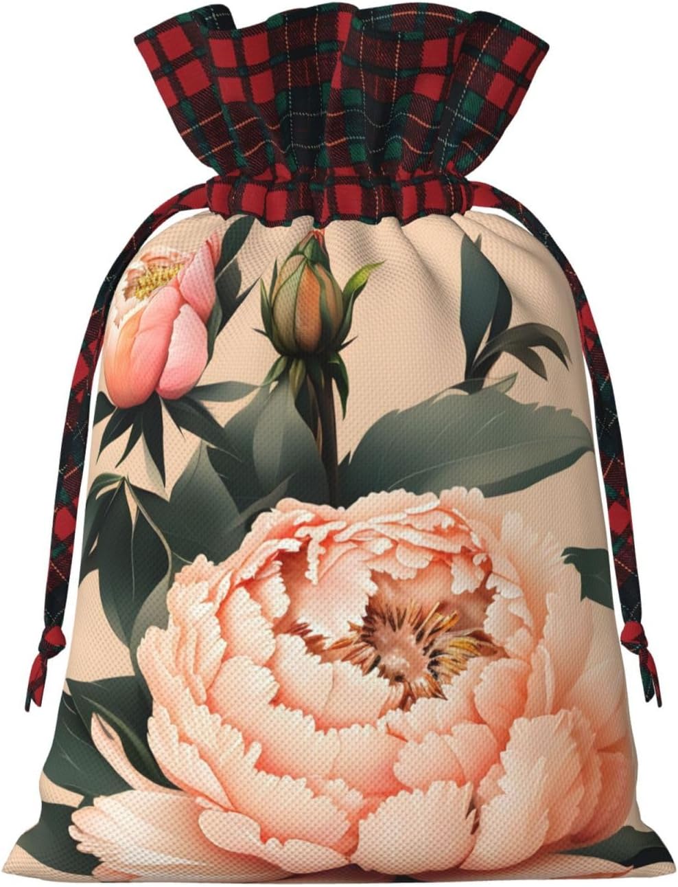 Peach Peony Print Reusable Adorable Drawstring Christmas Gift Bags Quality Fabric Gift Bags For All Occasions