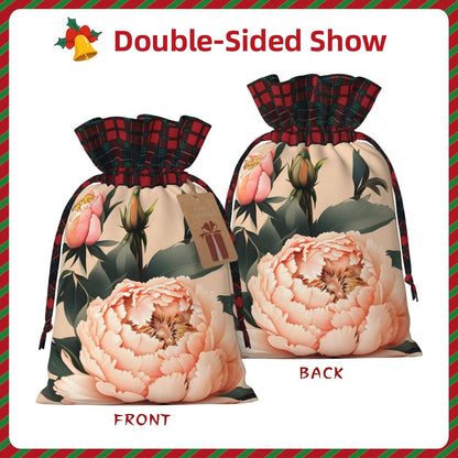 Peach Peony Print Reusable Adorable Drawstring Christmas Gift Bags Quality Fabric Gift Bags For All Occasions