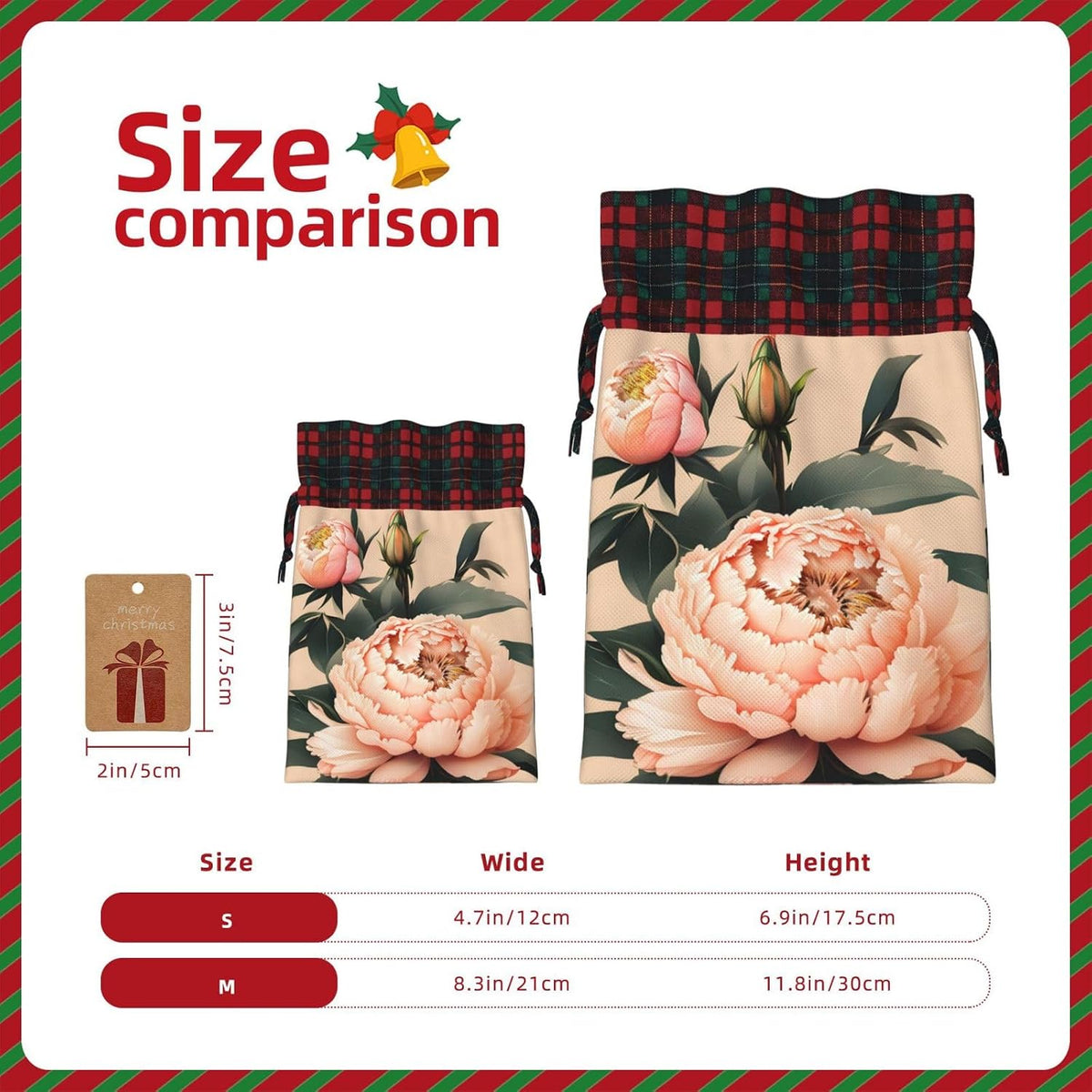 Peach Peony Print Reusable Adorable Drawstring Christmas Gift Bags Quality Fabric Gift Bags For All Occasions
