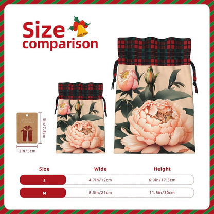 Peach Peony Print Reusable Adorable Drawstring Christmas Gift Bags Quality Fabric Gift Bags For All Occasions