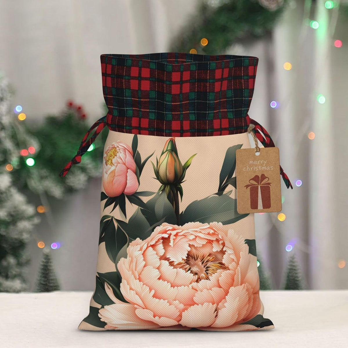 Peach Peony Print Reusable Adorable Drawstring Christmas Gift Bags Quality Fabric Gift Bags For All Occasions