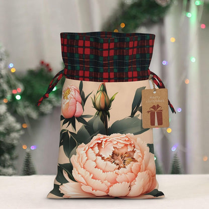 Peach Peony Print Reusable Adorable Drawstring Christmas Gift Bags Quality Fabric Gift Bags For All Occasions