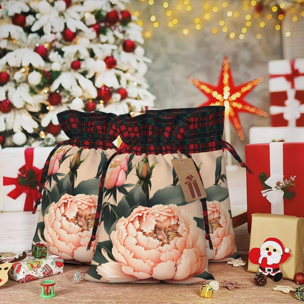 Peach Peony Print Reusable Adorable Drawstring Christmas Gift Bags Quality Fabric Gift Bags For All Occasions