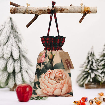 Peach Peony Print Reusable Adorable Drawstring Christmas Gift Bags Quality Fabric Gift Bags For All Occasions