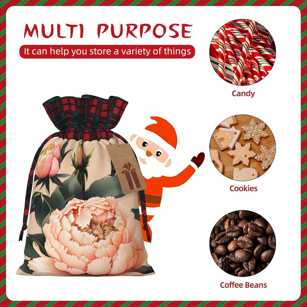 Peach Peony Print Reusable Adorable Drawstring Christmas Gift Bags Quality Fabric Gift Bags For All Occasions