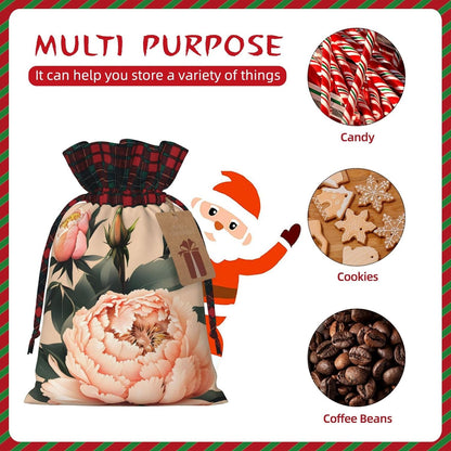 Peach Peony Print Reusable Adorable Drawstring Christmas Gift Bags Quality Fabric Gift Bags For All Occasions