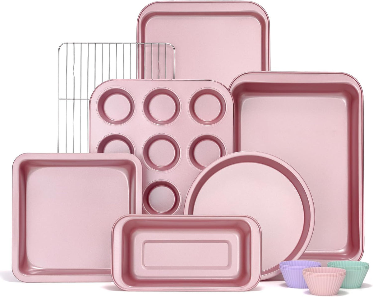 Baking Pans Sets, Nonstick Bakeware Sets 19-Piece with Round/Square Cake Pan, Loaf Pan, Muffin Pan, Cookie Sheet, Roast Pan, Cooling Rack, Carbon Steel Bake Set Pink
