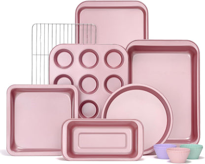 Baking Pans Sets, Nonstick Bakeware Sets 19-Piece with Round/Square Cake Pan, Loaf Pan, Muffin Pan, Cookie Sheet, Roast Pan, Cooling Rack, Carbon Steel Bake Set Pink