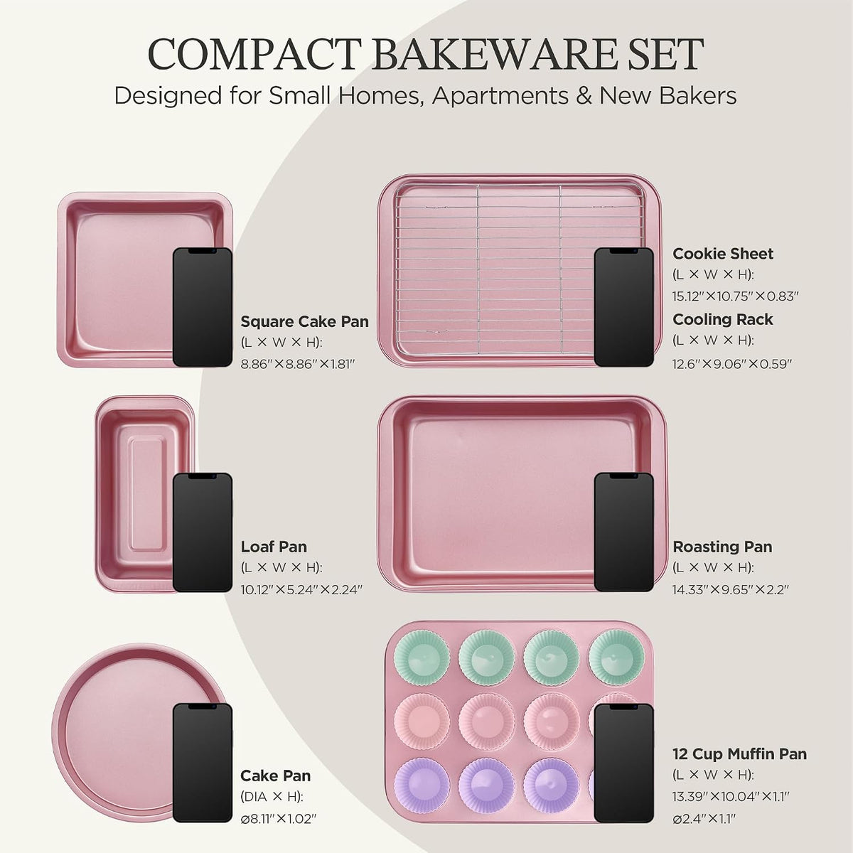Baking Pans Sets, Nonstick Bakeware Sets 19-Piece with Round/Square Cake Pan, Loaf Pan, Muffin Pan, Cookie Sheet, Roast Pan, Cooling Rack, Carbon Steel Bake Set Pink