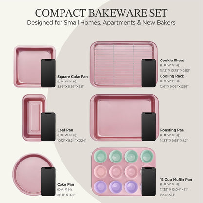 Baking Pans Sets, Nonstick Bakeware Sets 19-Piece with Round/Square Cake Pan, Loaf Pan, Muffin Pan, Cookie Sheet, Roast Pan, Cooling Rack, Carbon Steel Bake Set Pink