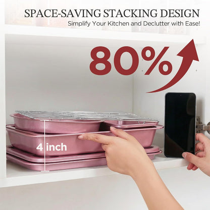 Baking Pans Sets, Nonstick Bakeware Sets 19-Piece with Round/Square Cake Pan, Loaf Pan, Muffin Pan, Cookie Sheet, Roast Pan, Cooling Rack, Carbon Steel Bake Set Pink