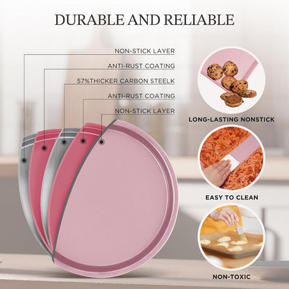 Baking Pans Sets, Nonstick Bakeware Sets 19-Piece with Round/Square Cake Pan, Loaf Pan, Muffin Pan, Cookie Sheet, Roast Pan, Cooling Rack, Carbon Steel Bake Set Pink
