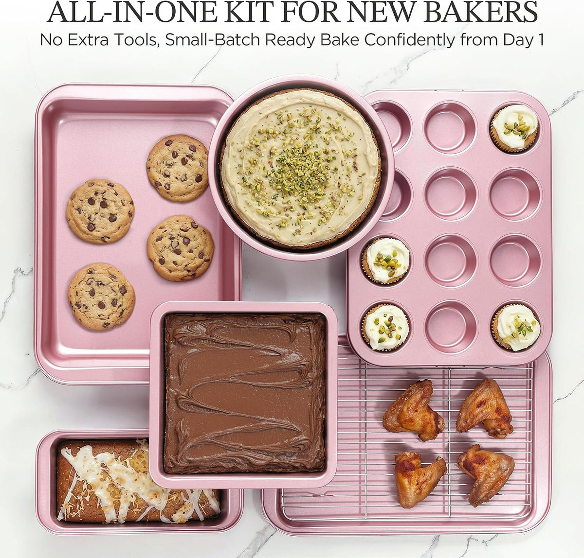 Baking Pans Sets, Nonstick Bakeware Sets 19-Piece with Round/Square Cake Pan, Loaf Pan, Muffin Pan, Cookie Sheet, Roast Pan, Cooling Rack, Carbon Steel Bake Set Pink