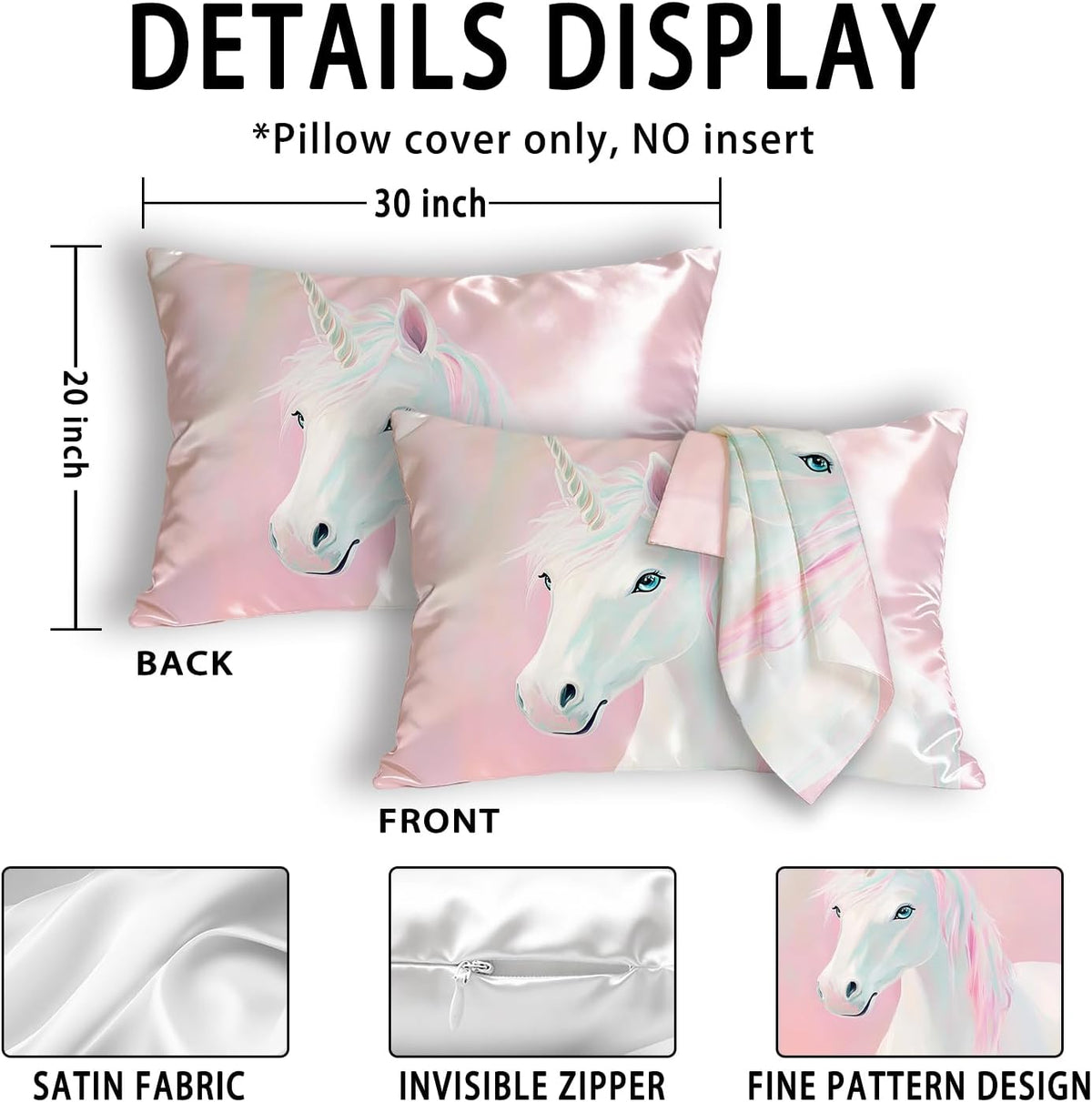 Pink Horse 20x30 Satin Silk Sleep Pillow Covers Case Queen Size for Sleeping Bed with Zipper,Pink Horse Girls Bedroom Room Decor,Double-Sided(1 Pack)