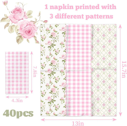 40Pcs Floral Napkins-Light Pink Hand Towels Disposable Pink Theme Birthday Party Supplies for Bathroom,Kitchen Dinner Decorations