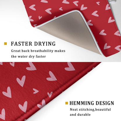 Valentines Dish Drying Mat for Kitchen Counter 18x24 Inch Valentine's Day Red Pink Love Heart Print Absorbent Reversible Microfiber Drying Mats Kitchen Countertop Protector Dishes Drainer Rack Pad