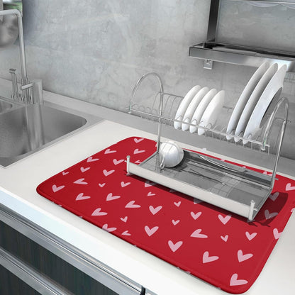 Valentines Dish Drying Mat for Kitchen Counter 18x24 Inch Valentine's Day Red Pink Love Heart Print Absorbent Reversible Microfiber Drying Mats Kitchen Countertop Protector Dishes Drainer Rack Pad