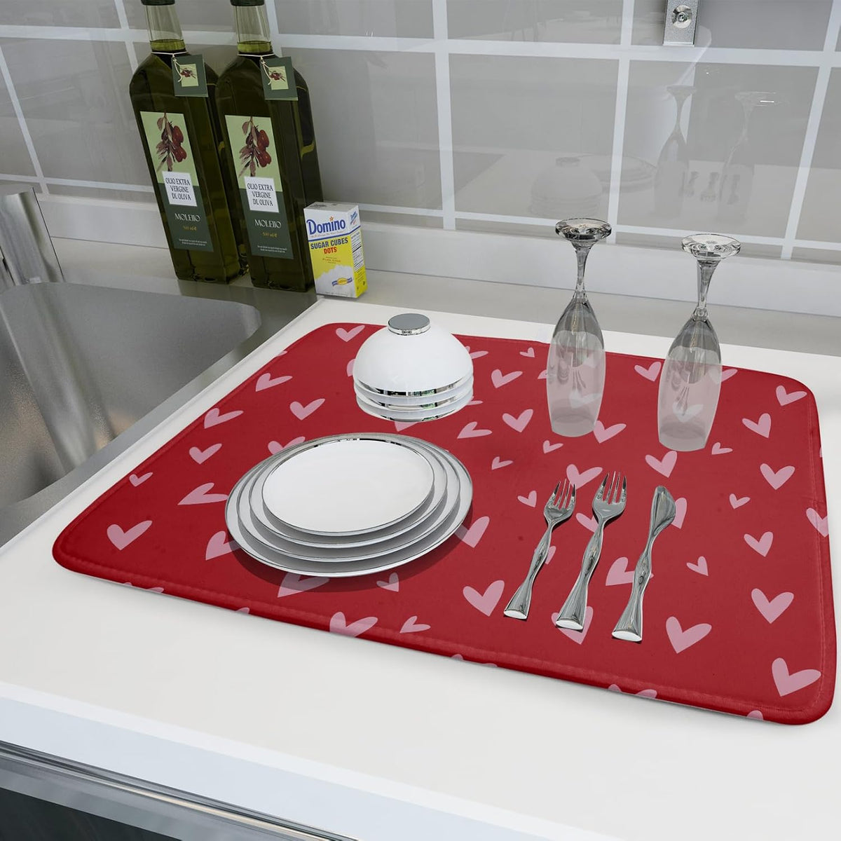 Valentines Dish Drying Mat for Kitchen Counter 18x24 Inch Valentine's Day Red Pink Love Heart Print Absorbent Reversible Microfiber Drying Mats Kitchen Countertop Protector Dishes Drainer Rack Pad