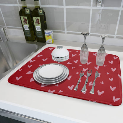Valentines Dish Drying Mat for Kitchen Counter 18x24 Inch Valentine's Day Red Pink Love Heart Print Absorbent Reversible Microfiber Drying Mats Kitchen Countertop Protector Dishes Drainer Rack Pad