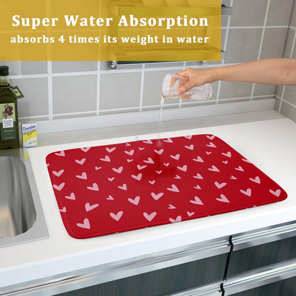 Valentines Dish Drying Mat for Kitchen Counter 18x24 Inch Valentine's Day Red Pink Love Heart Print Absorbent Reversible Microfiber Drying Mats Kitchen Countertop Protector Dishes Drainer Rack Pad