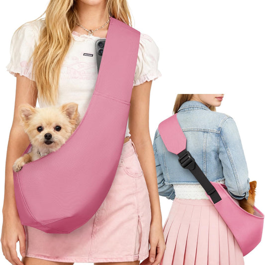 Adjustable Dog Sling Carrier for Small Dogs Lightweight Crossbody Pet Bag with Safety Strap, Pocket Storage, Machine Washable, Comfortable Travel & Outdoor Sling up to 10 lbs Pink Fashion