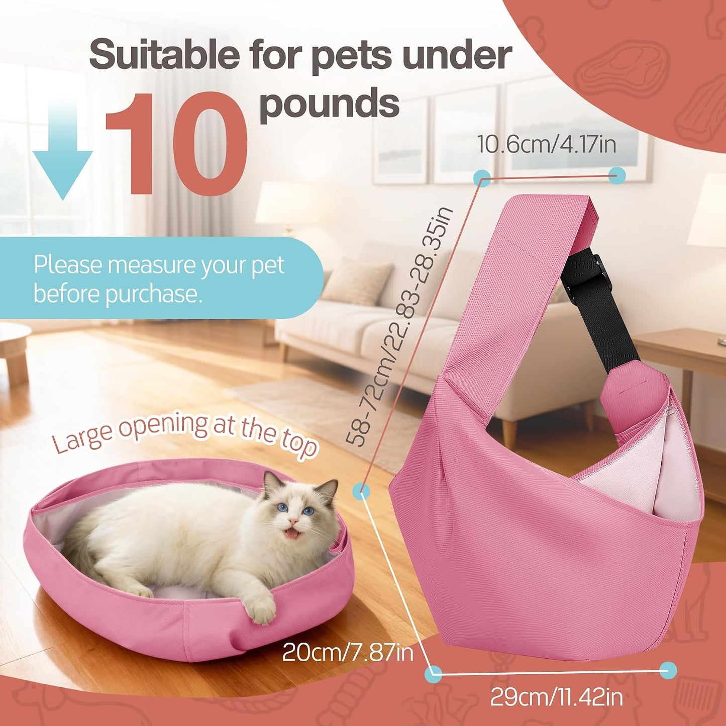 Adjustable Dog Sling Carrier for Small Dogs Lightweight Crossbody Pet Bag with Safety Strap, Pocket Storage, Machine Washable, Comfortable Travel & Outdoor Sling up to 10 lbs Pink Fashion