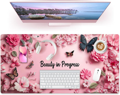 Dual Sided Desk Mat PU Leather, Waterproof Desk Pad, Pink Butterfly