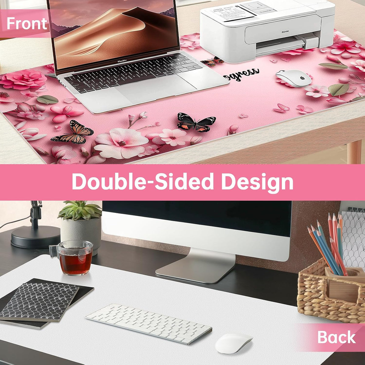 Dual Sided Desk Mat PU Leather, Waterproof Desk Pad, Pink Butterfly