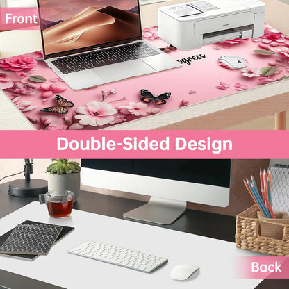 Dual Sided Desk Mat PU Leather, Waterproof Desk Pad, Pink Butterfly