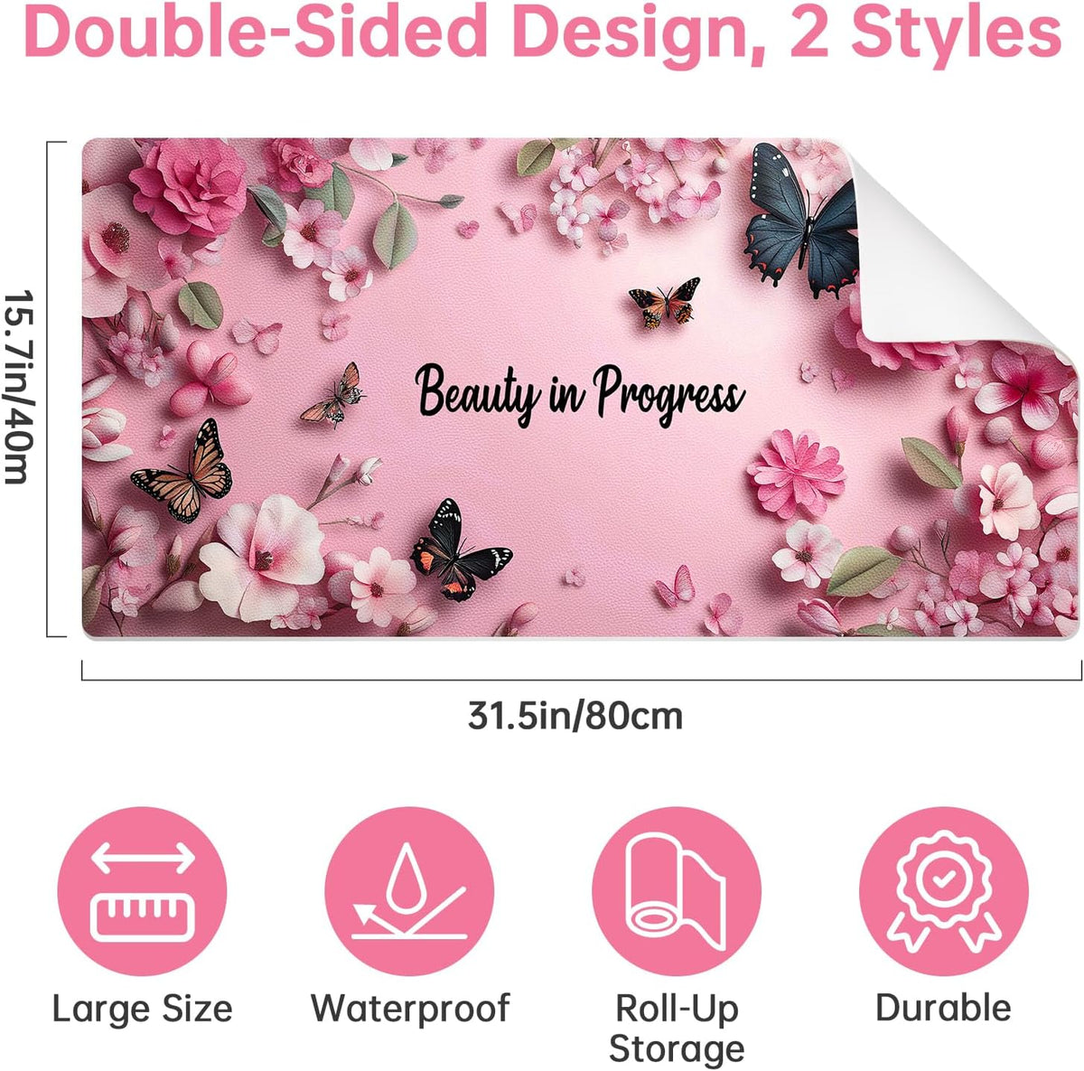 Dual Sided Desk Mat PU Leather, Waterproof Desk Pad, Pink Butterfly