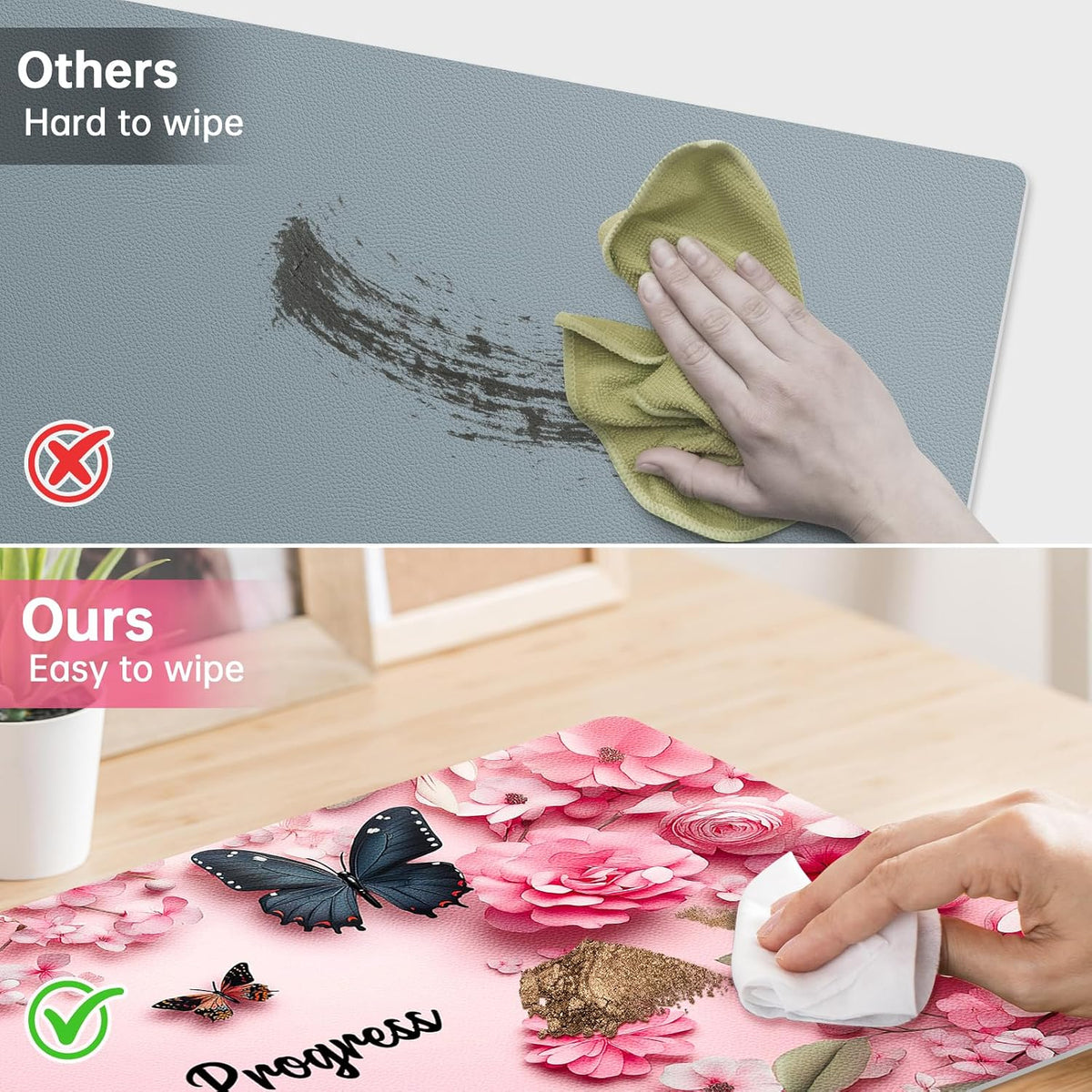 Dual Sided Desk Mat PU Leather, Waterproof Desk Pad, Pink Butterfly