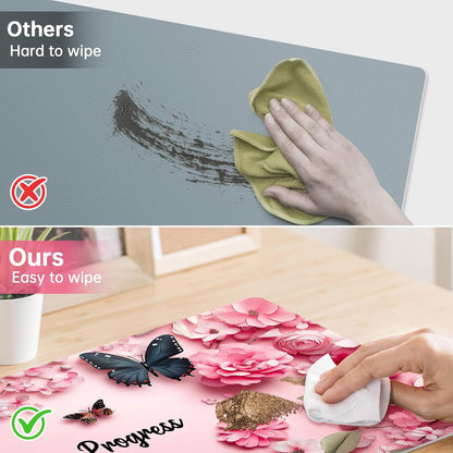Dual Sided Desk Mat PU Leather, Waterproof Desk Pad, Pink Butterfly