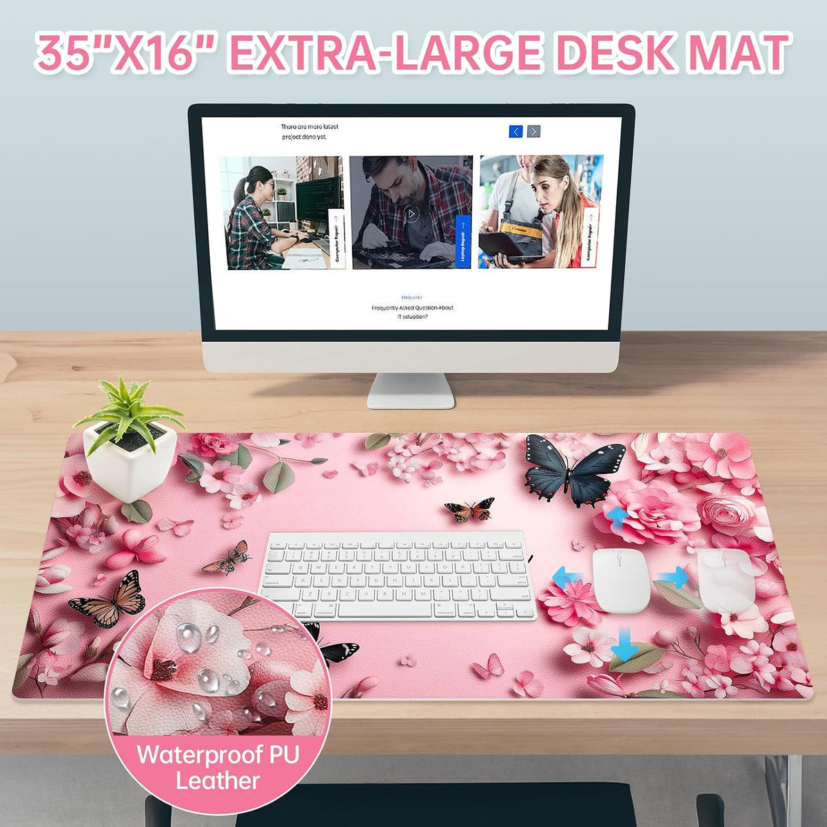 Dual Sided Desk Mat PU Leather, Waterproof Desk Pad, Pink Butterfly